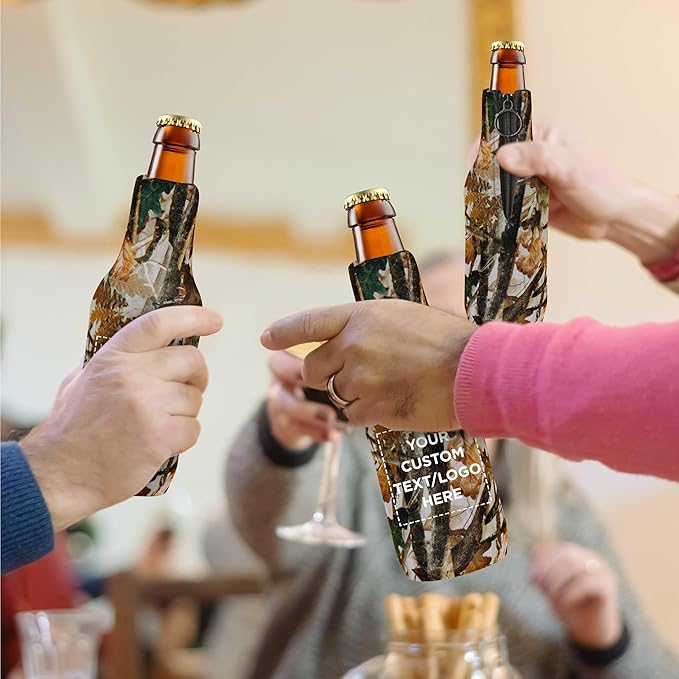 10 Neoprene Zippered Beer Bottle Coolies Pack - Customizable Text, Logo - Sharkskin Rubber Bottom - Camo3