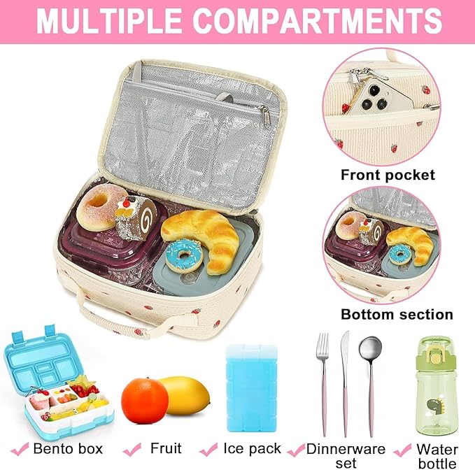 Bluboon Kids Girls Lunch Bag Insulated Lunch Box for school Corduroy Lunch Cooler Organizer School Kids Lunch Tote