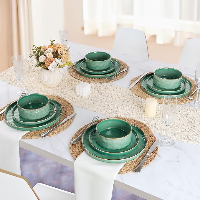 LIANYU Dinnerware Sets for 4, 12 Piece Plates and Bowls Dish Set, Stoneware Dishware Dinner Ware for Kitchen Dining, Microwave & Dishwasher Safe, Emerald Green