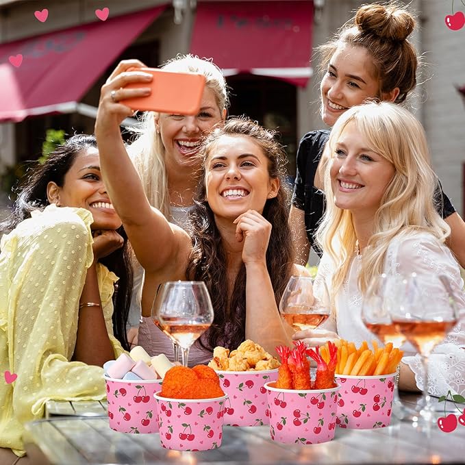 50 Pack Cherry Treat Snack Cups Red Cherry Heart Ice Cream Paper Cups 9 oz Fruit Disposable Dessert Bowls for Hot or Cold Food Summer Sweet First Birthday Baby Shower Party Supplies