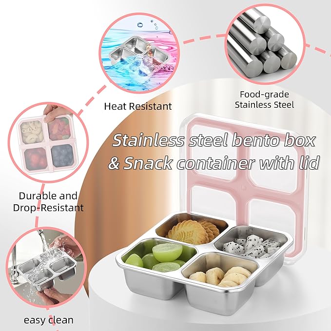 BEFOY 4 Pack Stainless Steel Snack Containers with Lids 4 Compartment Food Storage Containers for Adults Meal Prep Reusable for work or going out.(pink, 4)