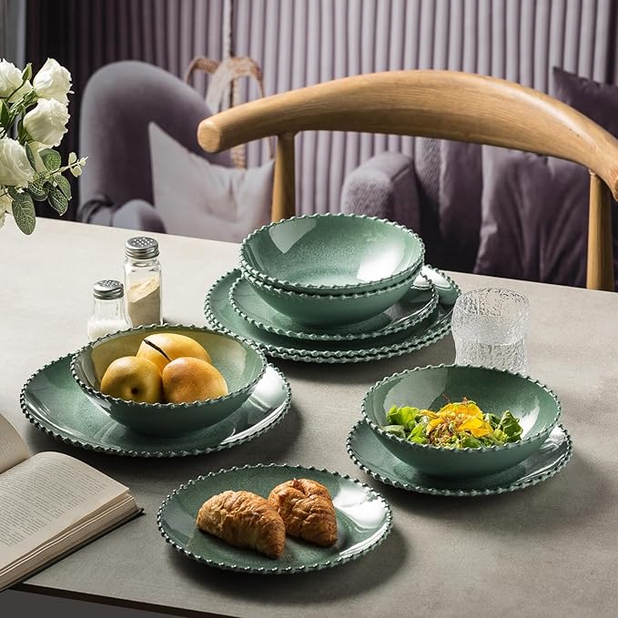 MissYIP 12 Piece Melamine Dinnerware Sets, Service for 4, Lightweight Unbreakable, BPA Free, Food Grade Plates Sets, Dishwasher Safe, Indoor and Outdoor Use