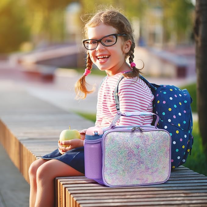 Bagseri Lunch Bag for Girls - Insulated Kids Lunch Bag with Water Bottle Holder Toddler Lunch Box Kids Lunch Cooler Tote for School Picnic, Glitter Purple Tie-dye (Water Bottle Not Included)