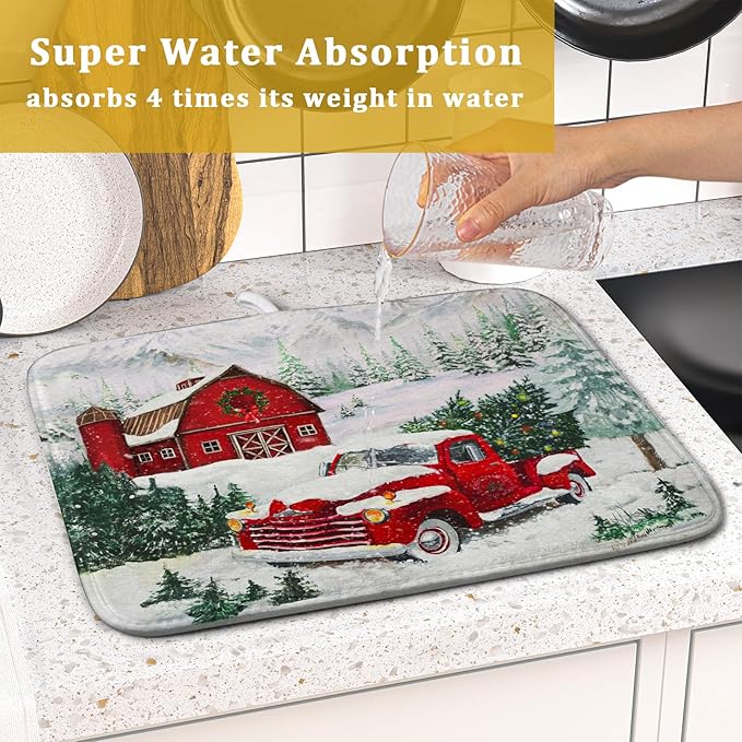 Winter Red Truck Dish Drying Mat Christmas Tree Dishes Pad 16x18 Inch Dish Drainer Rack Mats Absorbent Fast Dry Kitchen Holiday Accessories