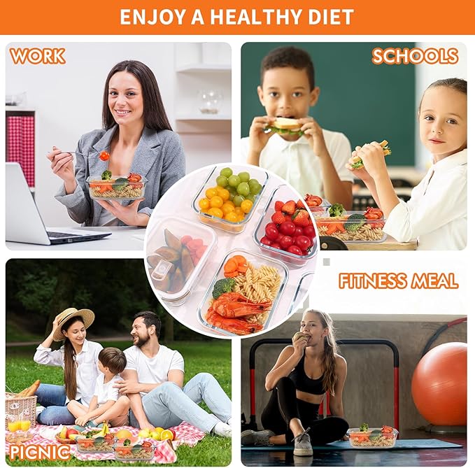 5-Pack Glass Storage Containers,Glass Food Container with Lid,Lunch Box,Bento Box,Storage Box,Meal Prep Containers,Lunch Containers, Fruit Preservation Boxes-White