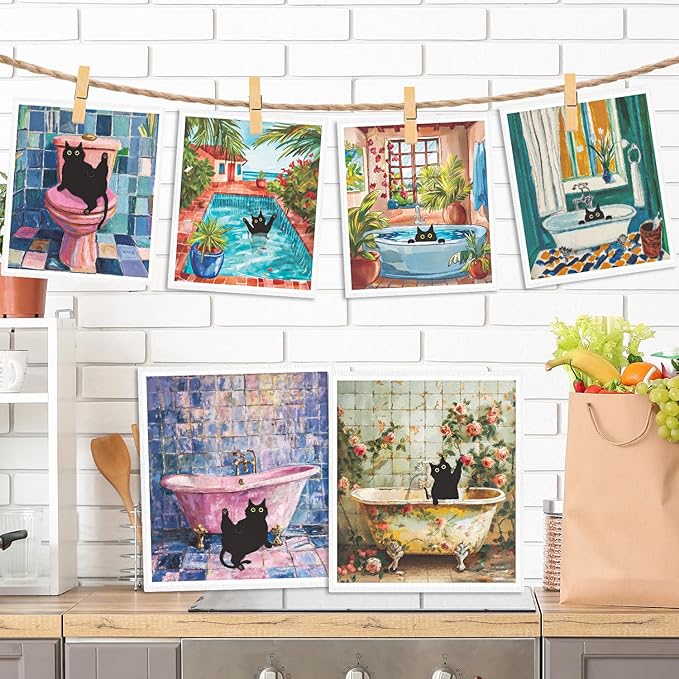 Black Cat Bathroom Swedish Dishcloths - 6PCS Oil Painting Black Cat Swedish Cloths for Washing Dishes, Cotton Kitten Reusable Dish Towels, Washable Cleaning Sponge Gifts Kitchen Home Supplies