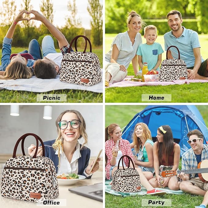 BALORAY Lunch Bag for Women Men Cute Reusable Insulated Lunch Box Large Capacity Lunch Tote Bag for Work, Picnic or Travel (Zipper Leopard)