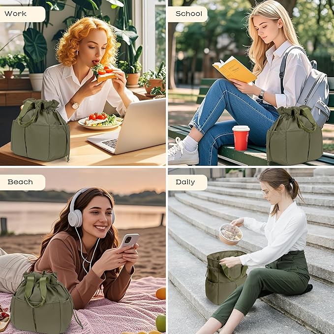 VS VOGSHOW Cute Lunch Bag Women Insulated Drawstring Reusable Lunch Bag 16 Cans Large Capacity Lunch Box for Work Picnic Outdoor (Green)