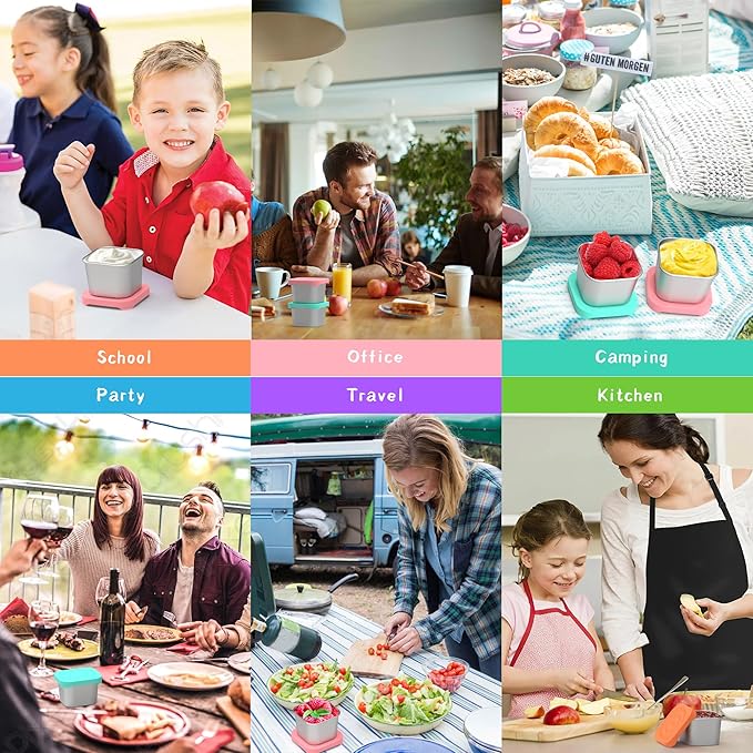 6 Pack 6oz Stainless Steel Snack Containers, Easy Open Leak Proof Stainless Steel Food Storage Containers with Silicone Lids, Small Metal Lunch Box Container for Office, Travel