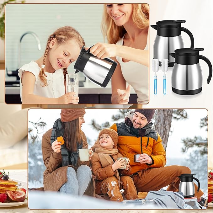 Uiifan 2 Pcs Thermal Coffee Carafe Insulated Stainless Steel Coffee Carafes for Keeping Hot and Cold Double Walled Vacuum Thermal Pot Flask with Brush for Water Milk Tea Home and Office(Silver,17oz)