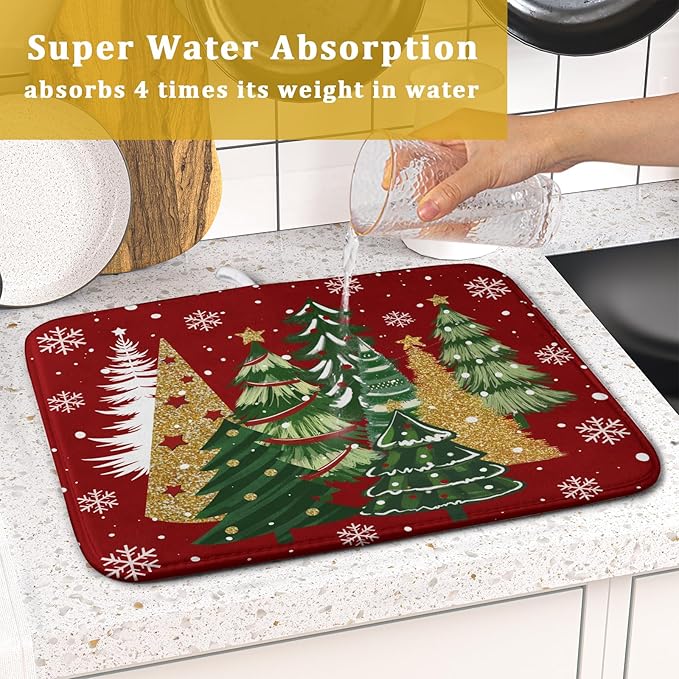 Christmas Red Dish Drying Mats 16x18 Inch, Gold Green Xmas Pine Trees Winter Holiday Absorbent Fast Dry Microfiber Dishes Drainer Rack Pad Farmhouse Rustic Holiday Kitchen Decor