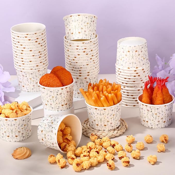 50 Pack Wildflower Treat Snack Cups Floral Paper Ice Cream Cups 9 oz Summer Flowers Disposable Dessert Bowls Paper Soup Bowls for Hot or Cold Food Wedding Baby Shower Birthday Party Supplies