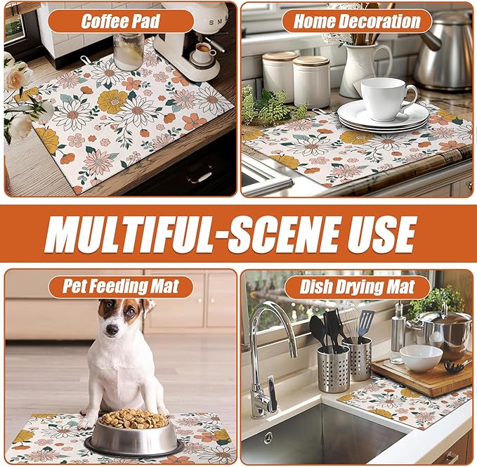 Boho Flower Dish Drying Mat for Kitchen Counter Microfiber Absorbent Dish Kitchen Drying Mat Draining Reusable Washable for Dishes/Utensils/Counterto