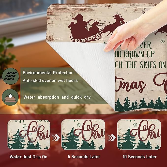 Vintage Christmas Eve Dish Drying Mat, Xmas Santa Reindeer Sleigh Coffee Bar Mat for Countertops, Retro Christmas Tree Absorbent Dish Drying Mats for Kitchen Counter Coffee Maker, 16x24 Inch