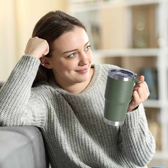 20oz Tumbler Bulk with Lid, Stainless Steel Tumbler Bulk with Handle, Metal Insulated Travel Coffee Mug Set with Handle, Double Wall Vacuum Leak Proof Tumbler Cup, Amy Green 12 Pack