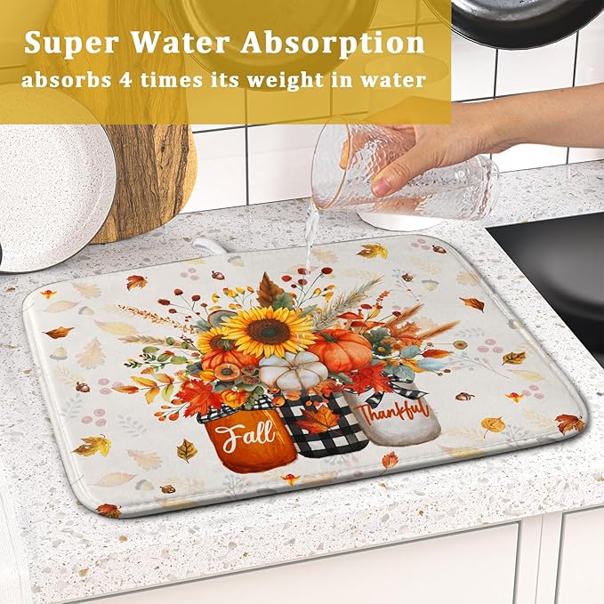 Autumn Pumpkin Dish Drying Mat 16x18 Inch Sunflower Flower Vase Washable Draining Mat with Hanging Loop Seasonal Holiday Home Decoration