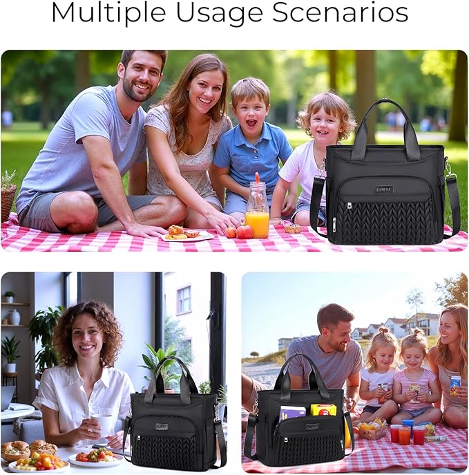 AIJIEKE Insulated Lunch Bag for Men Women, Lunch Box, Lunch Tote for Work, Large Leak Proof Cooler Bag with Removable Strap, Reusable Adult Lunchbag, Picnic, Office, Beach (A.Black)