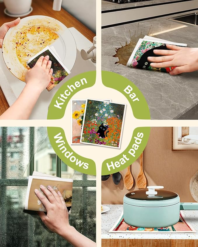 6 Pack Swedish Dishcloths for Kitchen - Reusable Dish Cloths for Washing Dishes Absorbent Cute Funny Kitchen Towels Cleaning Sponge, Floral Cat