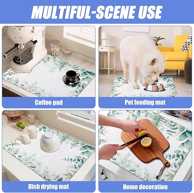 Sage Eucalyptus Dish Drying Mat for Kitchen Counter Spring Summer Drying Pad Absorbent Reversible Dish Drainer Rack Mats Draining Pad 18"x24"Inch