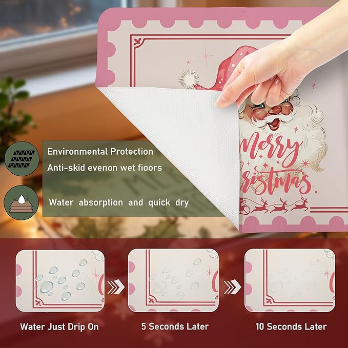 Pink Santa Christmas Dish Drying Mat, Preppy Merry Christmas Coffee Bar Mat for Countertops, Xmas Santa Reindeer Absorbent Dish Drying Mats for Kitchen Counter Coffee Maker, 16x24 Inch