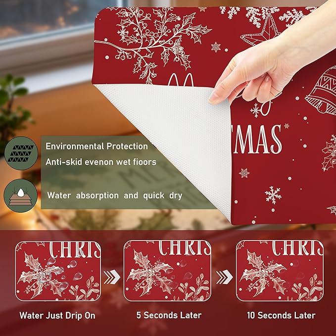 Red Merry Christmas Dish Drying Mat, Winter Snowflake Holly Leaf Coffee Bar Mat for Countertops, Holiday Christmas Absorbent Dish Drying Mats for Kitchen Counter Coffee Maker, 16x24 Inch