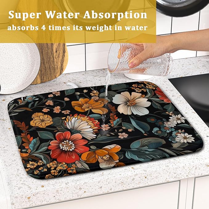 Vintage Floral Dish Drying Mat 16x18 inch Boho Flower Drainer Mats Fast Dry Absorbent Washable Dish Rack Pad Protector Kitchen Accessories