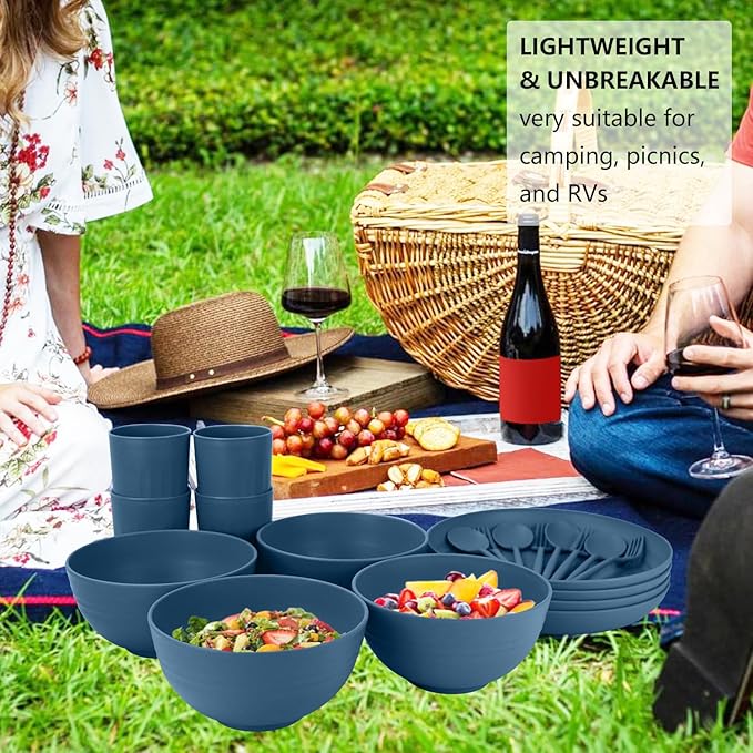 28-Piece Wheat Straw Dinnerware Sets, Microwave & Dishwasher Safe Unbreakable Dinnerware Set, Reusable Dishware Sets, Lightweight Camping Dishes, Plates, Cups, Cereal Bowls for 4 (Navy Blue)