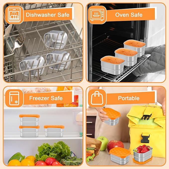 TeamFar 3 Pack 8oz Stainless Steel Snack Containers, Food Container with Silicone Lid Easy Open Leakproof, 8 oz Metal Toddler Kid Lunch Bento Box for Daycare Home Work Picnic, Orange
