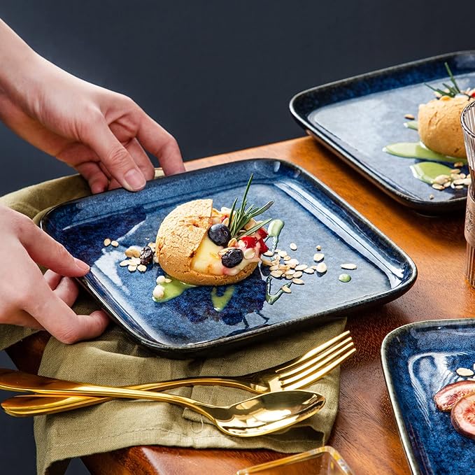 vancasso Stern Square Dinner Plates Set of 4, 7.5 Inch Dessert Plates, Reactive Change Glaze Blue Serving Pasta Salad Plate Dish, Scratch Resistant