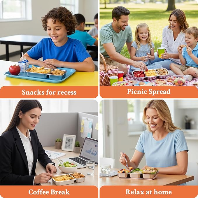 2 Pack Stainless Steel Snack Containers, 3+2 Compartment Snack boxes, Reusable Snack Containers with Lids for Adults - Leakproof Divided Metal Food Storage Bento Lunch Box for Work, Office, Travel