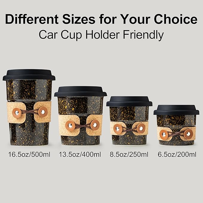 Travel Coffee Mug, Tea Mug, Big Coffee Cups with Lids, No Spill Ceramic Tumbler, Reusable Camping Coffee Mugs for Men & Women, Microwave & Dishwasher Safe, 16.5 oz