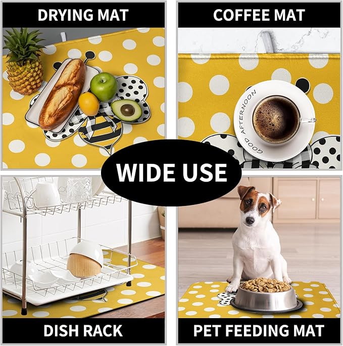 Bee Dish Drying Mat for Kitchen Counter 18x24 Inch Yellow Bumblebee Polka Dots Dishes Pad Cute Honey Bees Dish Draining Microfiber Absorbent Dish Drainer Rack Mat Large Kitchen Accessories