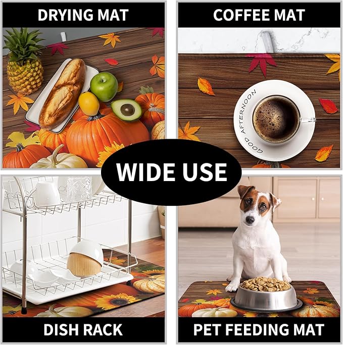 AutumnThanksgiving Pumpkin Dish Drying Mat for Kitchen Counter 18x24 Inch Fall Sunflowers Maple Leaves Harvest Kitchen Drying Mat Microfiber Super Absorbent Dish Rack Drainer Mat with Hanging Loop