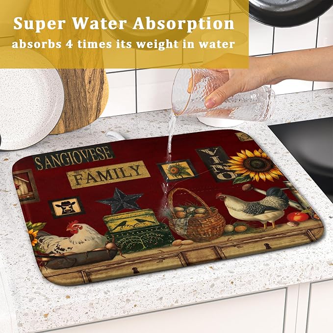 Vintage Rooster Dish Drying Mats 16x18 Inch,Farmhouse Country Hen Chicken Sunflower Microfiber Absorbent Quick-Dry Drainer Rack Sink Protector Pad for Kitchen Counter Decor