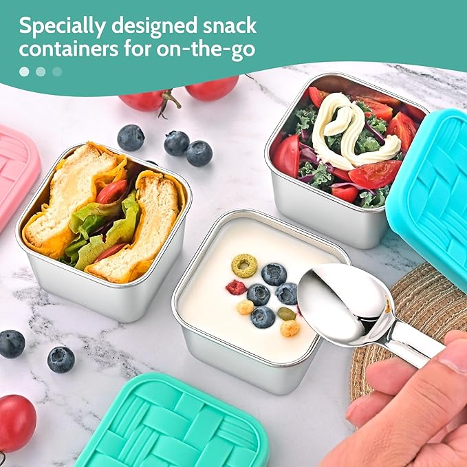 8PC 6oz Stainless Steel Snack Containers with lids, BPA-Free Metal Kids Snack Cups with Fork and Spoon, Leakproof Lunch Box Containers,Resuable Baby Food Storage Bowl