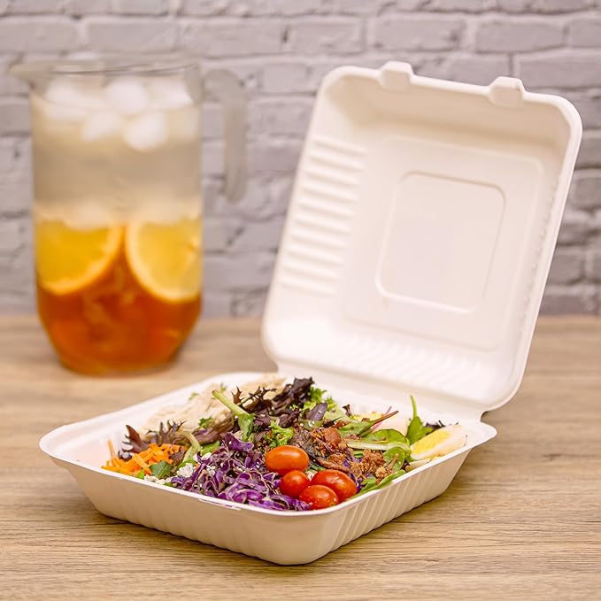 CIAO! 9"x9"x3" Clamshell 1 Compartment 100% Compostable Ecofriendly PFAS Free Unbleached Bagasse Natural White (200/case)