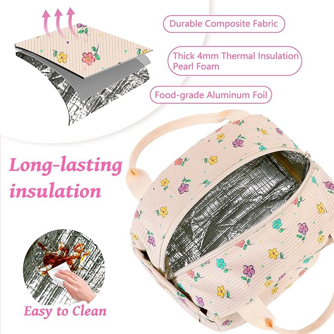 BTOOP Lunch Box for Women Men Cute Corduroy Lunch Bags Large Capacity Insulated Lunch Tote Bag For Work Travel Or Picnic (Mix Color flower)