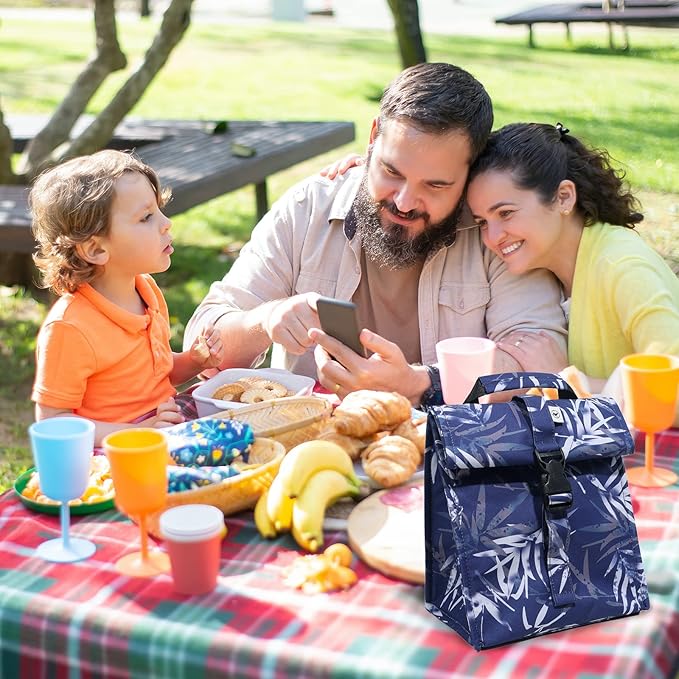 SUNNY BIRD Insulated Lunch Bag Rolltop Lunch Box Tote Bag for Women, Men, Adults and Teens (Blue Bamboo)