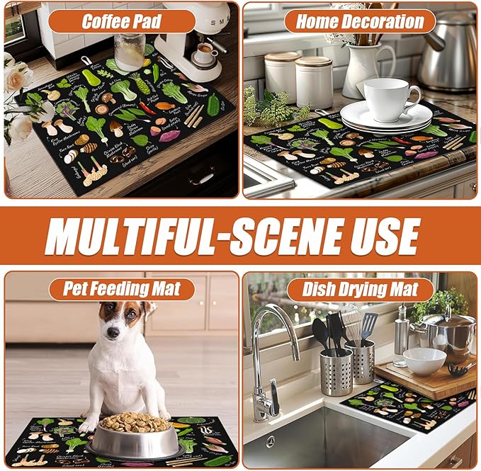 Vegetables Dish Drying Mat for Kitchen Counter Microfiber Absorbent Dish Kitchen Drying Mat Draining Reusable Washable for Dishes/Utensils/Counterto