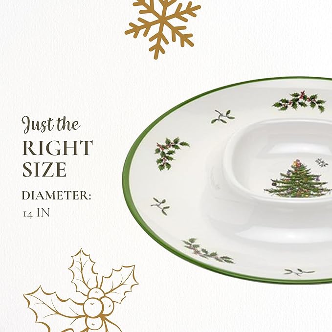 Spode Christmas Tree Melamine Chip & Dip - 14-Inch Serving Platter for Cheese, Appetizers, Chips, Salsa - Durable, Shatterproof, Dishwasher Safe - Ideal for Indoor & Outdoor Holiday Entertaining
