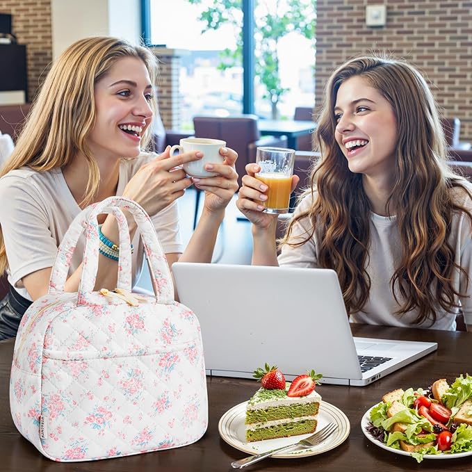 Quilted Lunch Box for Women,Insulated Cute Reusable Lunch Bag with Front Pocket,Pink Flower Stylish Lunch Tote Bag for Work, Office,Picnic, Travel,School (pink big floral)