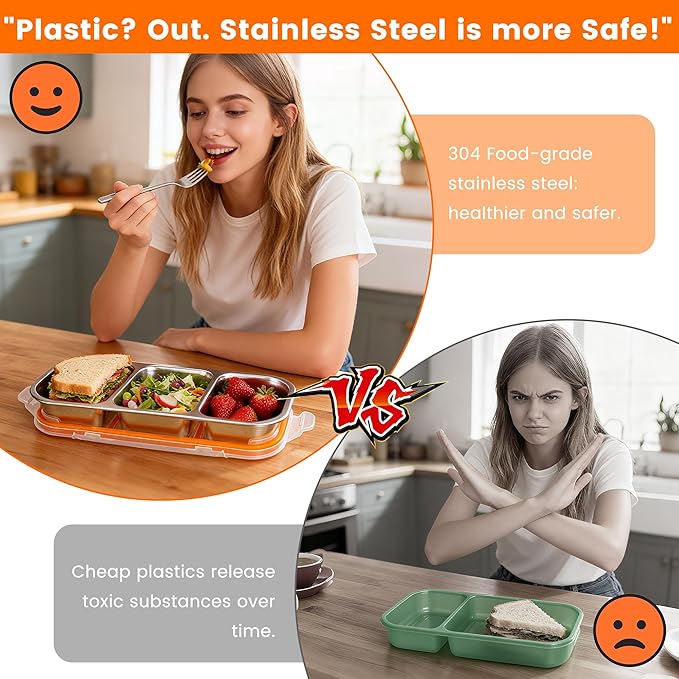 Bandesun Stainless Steel Snack Containers for kids, Leak Proof 3 Compartment Food Storage Containers with Lids, Reusable Stackable Lunch Box for Travel, School, Home, Travel 1Pack