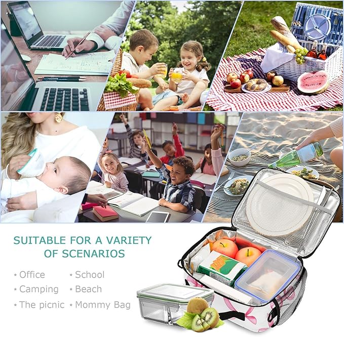 ALAZA Pink Bows Girls Lunch Box Kids Lunchbox Insulated Reusable Meal Container Lunchbag with Shoulder Strap