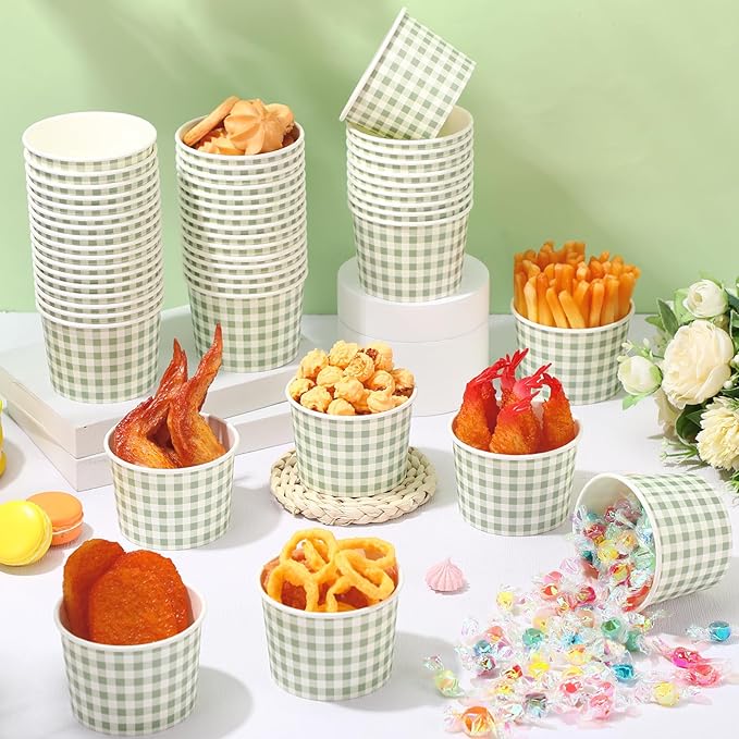 50 Pack Green Gingham Ice Cream Cups 9 oz Green and White Checkered Disposable Dessert Bowls Paper Soup Bowls Plaid Snack Cups for Hot or Cold Food for Baby Shower Wedding Birthday Supplies