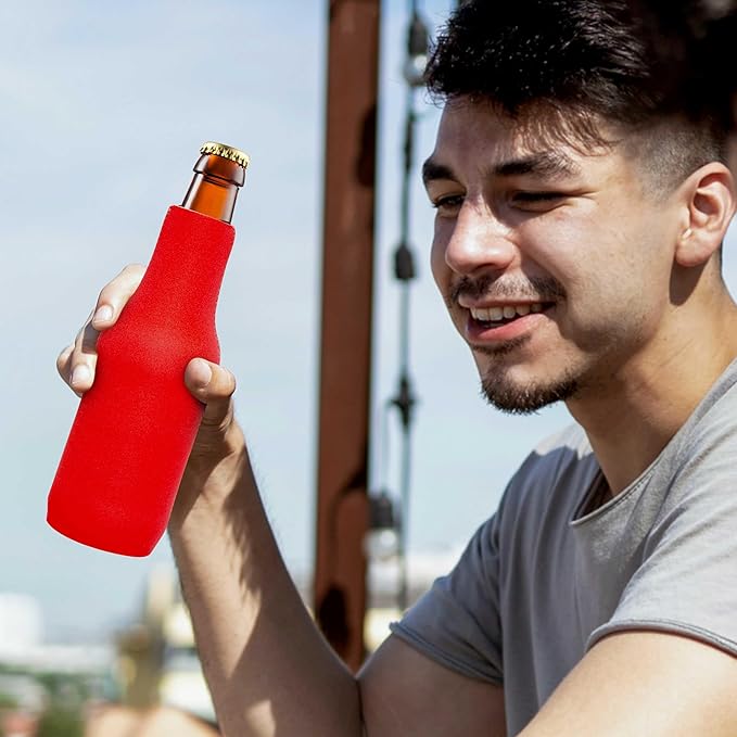 10 Neoprene Zippered Beer Bottle Coolies Pack - Sharkskin Rubber Bottom - Red