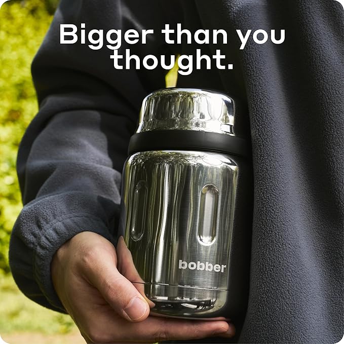 BOBBER 24 Oz Stainless Steel Thermos Food Jar with Folding Spoon and Extra-Wide Mouth – Insulated Soup Thermos for Hot Food, Keeps Hot for 14 Hours and Cold for 20 Hours (Glossy)