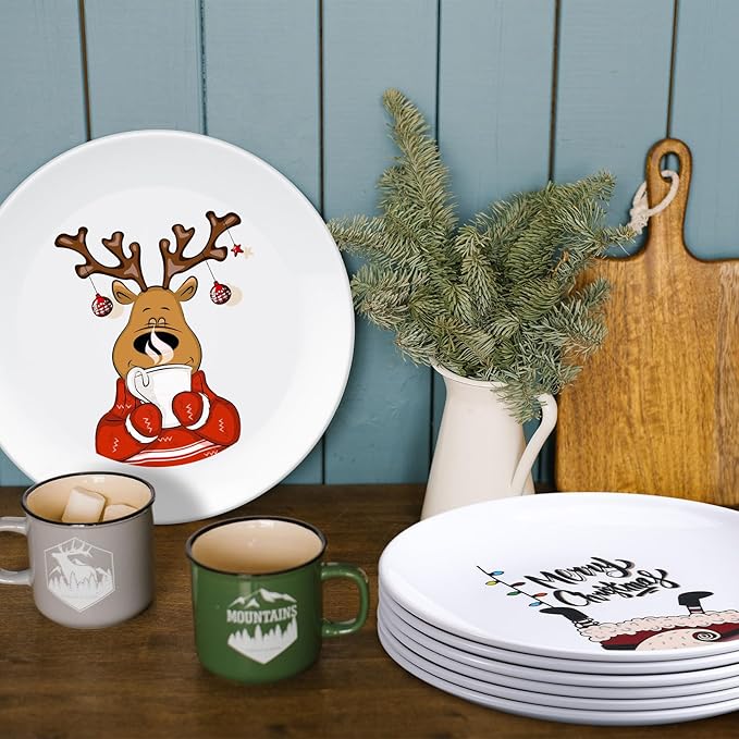 6 Pcs Christmas Reusable Melamine Dinner Plates 8 Inch Christmas Theme Round Plates Xmas Dishes Dinnerware Set for Salad Pasta Xmas Birthday Party Supplies Gifts (Classic)