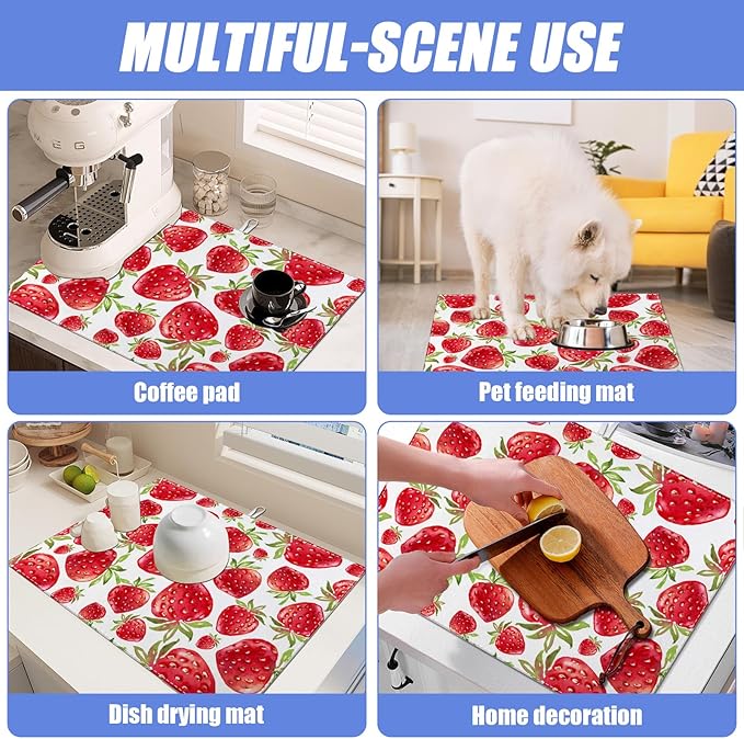 Strawberry Dish Drying Mat for Kitchen Counter Drying Pad Absorbent Reversible Dish Drainer Rack Mats Draining Pad 18"x24"Inch