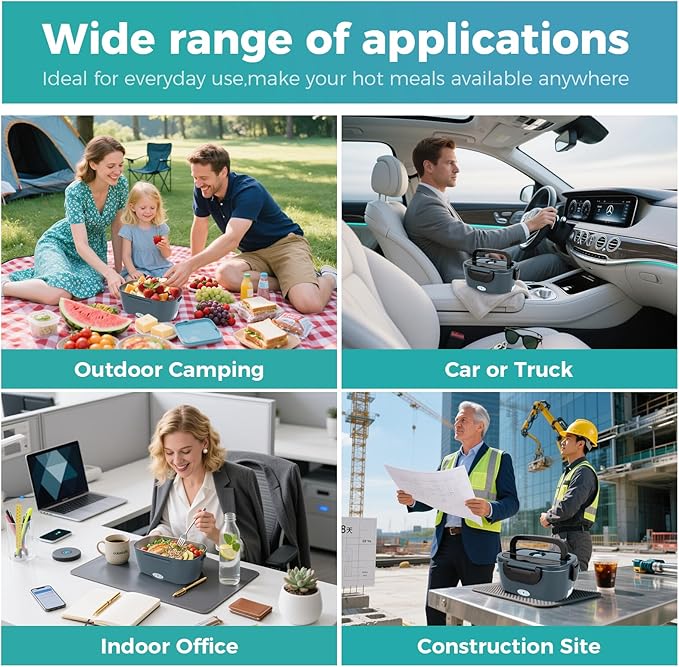 80W Electric Lunch Box for Car & Truck,12V/24V/110V Green Portable Warmer with 304 Stainless Steel Container,Ideal for Drivers & Office