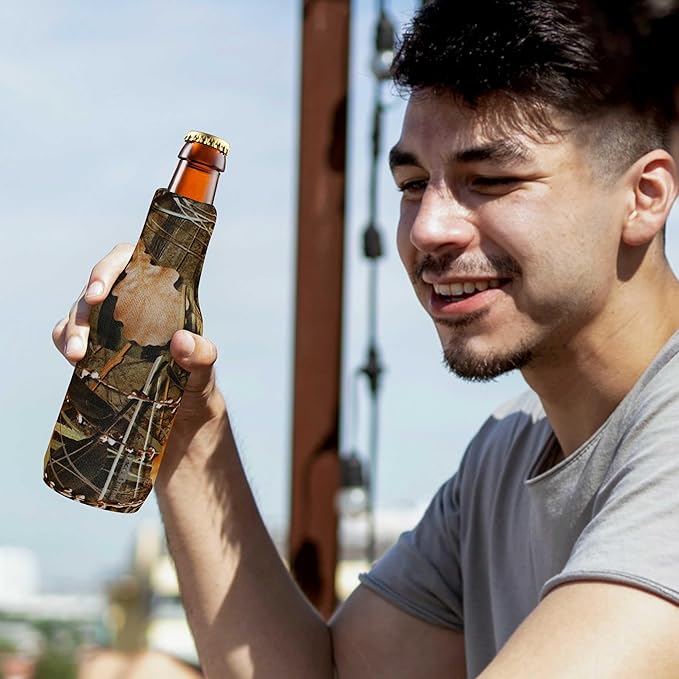 10 Neoprene Zippered Beer Bottle Coolies Pack - Sharkskin Rubber Bottom - Camo4